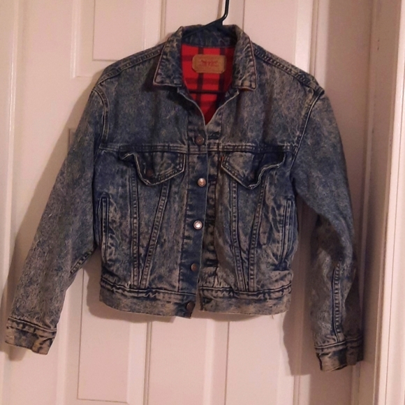Vintage Denim Kids large Levi's Jacket with Buffalo plaid print inside acid wash - Picture 1 of 8